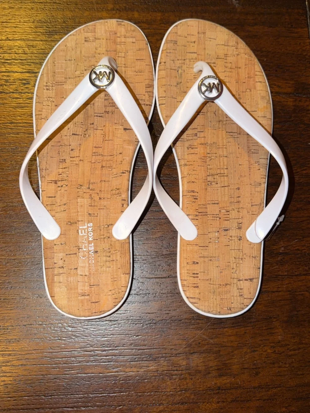 Michael Kors White Patent Cork-Effect Logo Flip Flops